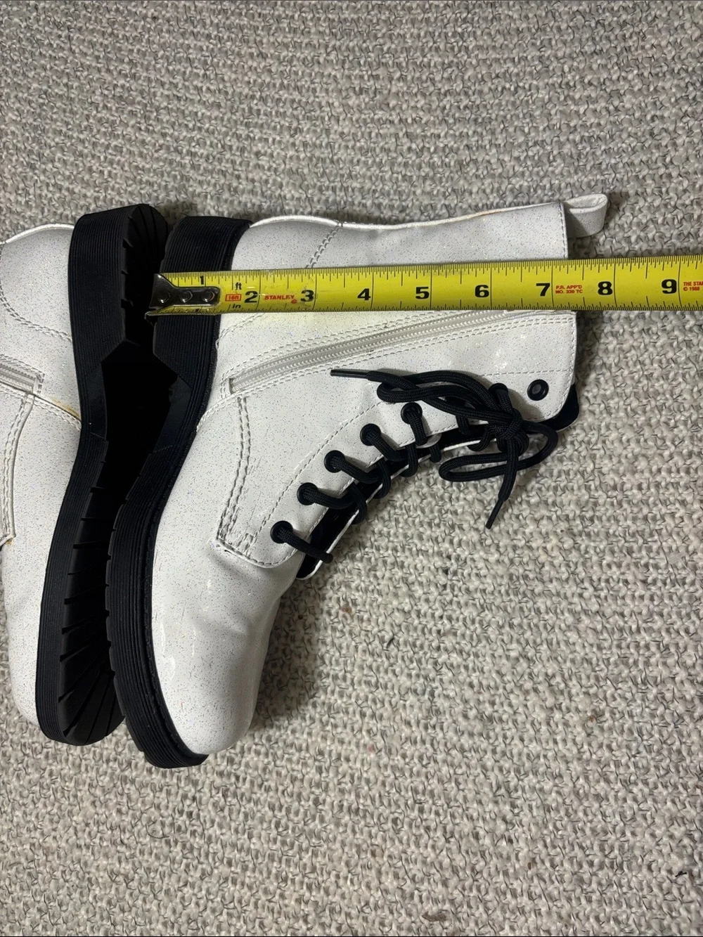 WHITE Glossy Sparkle Combat Boots,zip/lace